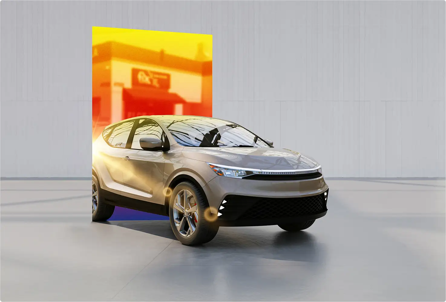 A repaired car driving out of a portal from a Fix Auto repair shop