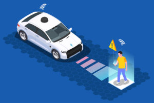 illustration of a car detecting a pedestrian crossing while not paying attention