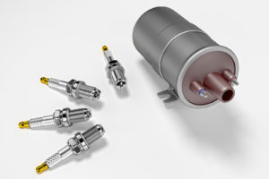 Ignition coil and spark plugs on white background. 3d rendering